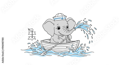 Cute grey elephant wearing a white sailor hat sitting in a small wooden boat and spraying water from its trunk.