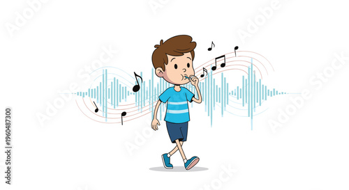 Happy young boy walking and whistling a merry tune with musical notes and sound wave patterns in the background.
