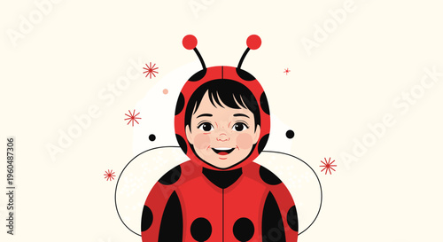 Cute child wearing red and black ladybug onesie costume with antenna hood and spotted wings on light background.