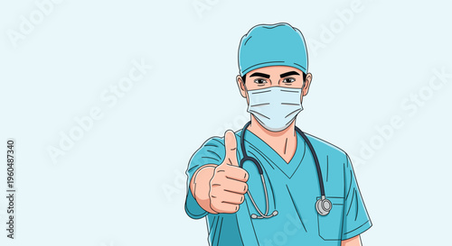 Professional male surgeon wearing blue medical scrubs and white face mask giving a confident thumbs up gesture.