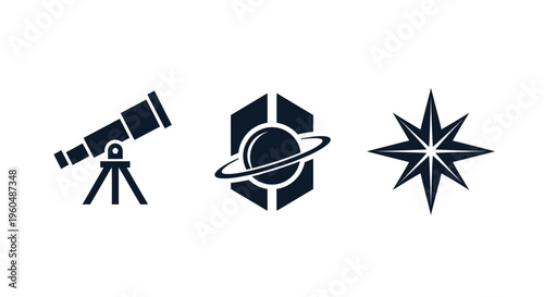 Telescope, Orbiting Planet Emblem, and Compass Rose Icons on White Background