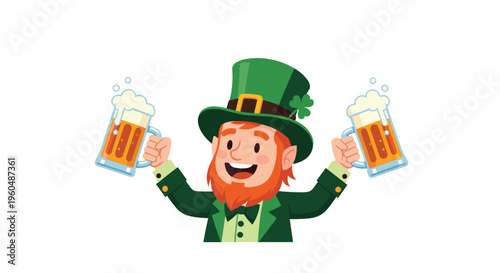 Happy Irish leprechaun character with red beard wearing green hat and holding two large mugs of frothy cold beer.