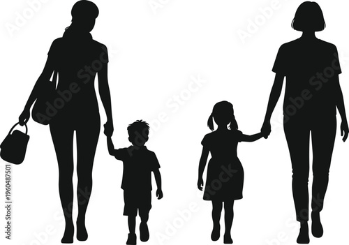 Family silhouette illustration, two women walking hand-in-hand with children, caregiving and parental bonding theme, vector art, black isolated bold design