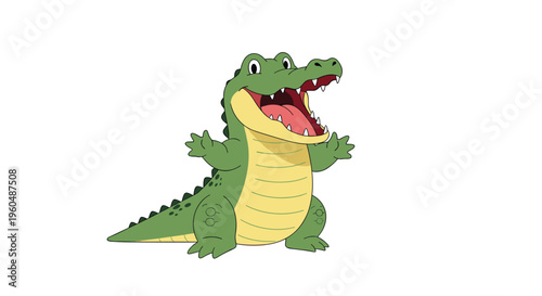 Cheerful green crocodile stands happily with its arms outstretched and mouth open in a friendly greeting for a simple character design on white.