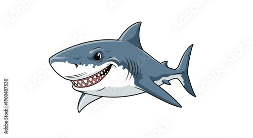 Mighty blue shark with a white underbelly and sharp teeth swims through the water with a determined look on its face in a detailed cartoon style.