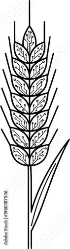 Minimalist smart agriculture wheat circuit line art, "Created with AI assistance and manually refined."