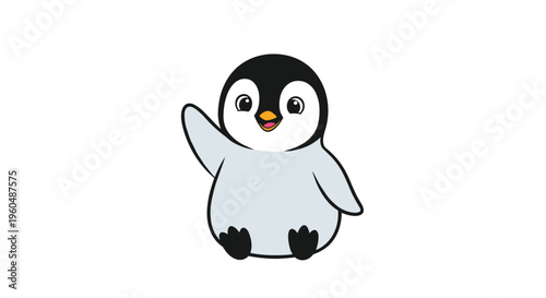 Small and adorable baby penguin with black and gray feathers waves its flipper in a friendly greeting while sitting down on a plain background.