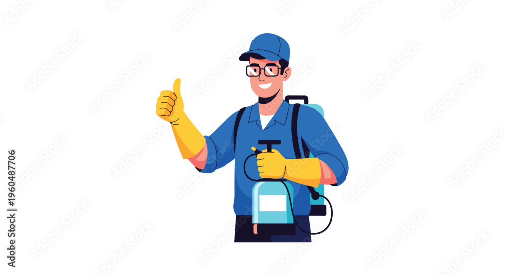 Fototapeta premium Friendly pest control professional in a blue uniform and glasses gives a thumbs up while carrying a chemical spray tank on his back for work.
