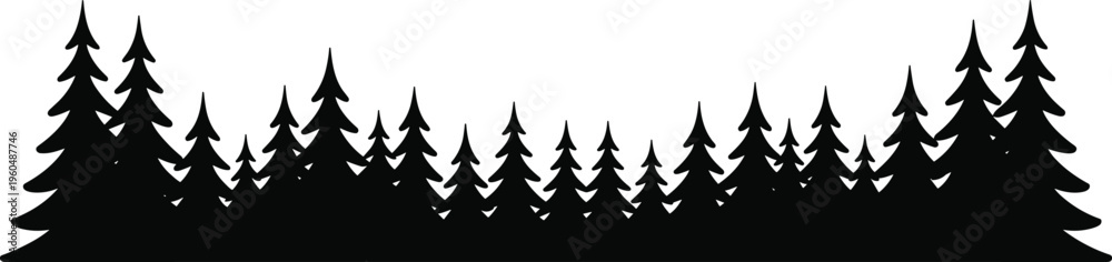 Fototapeta premium Forest silhouette illustration, dense pine trees of varying heights layered together, nature landscape theme, vector art, black isolated bold design