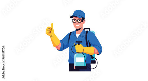 Friendly pest control professional in a blue uniform and glasses gives a thumbs up while carrying a chemical spray tank on his back for work.