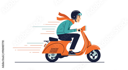 Man in a turquoise jacket and orange scarf rides a classic orange scooter fast through the air while wearing a black helmet for a delivery service.