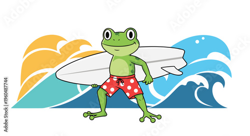 Cool green frog wearing red polka dot swim trunks stands with a white surfboard against a background of stylized ocean waves and a yellow sun.