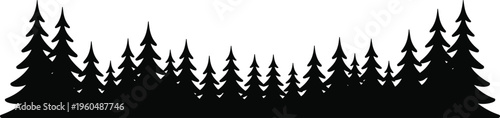 Forest silhouette illustration, dense pine trees of varying heights layered together, nature landscape theme, vector art, black isolated bold design