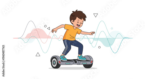 Happy young boy in a yellow shirt skillfully rides a modern hoverboard with abstract sound wave graphics and shapes in the background illustration.