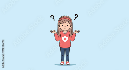 Young girl with long hair and a red headband looks confused with her hands held up and question marks floating above her head on a blue background.