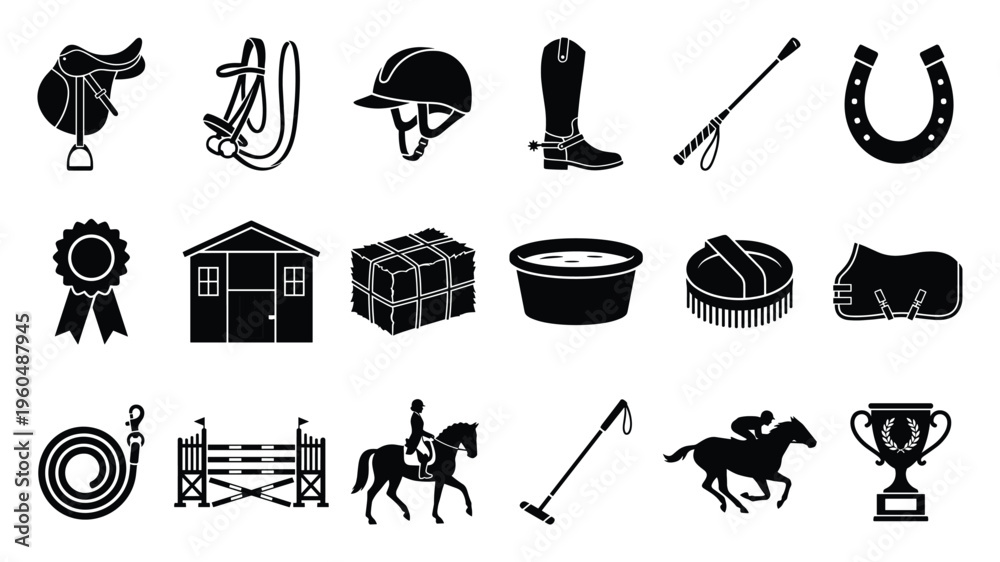 Obraz premium Comprehensive collection of equestrian sport equipment and horse care items in black silhouette icons, perfect for educational materials, website graphics, or veterinary content