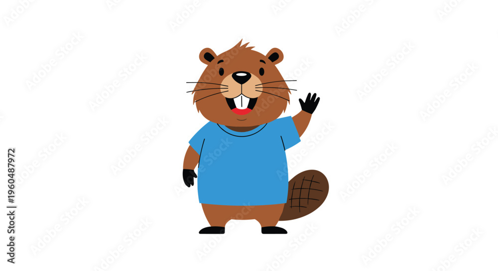 Naklejka premium Friendly brown beaver wearing a blue t-shirt stands and waves its hand with a cheerful smile on its face for a cute animal character design.