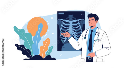 Professional male doctor in a white lab coat and stethoscope points to a chest X-ray image while explaining medical results in a clean studio.