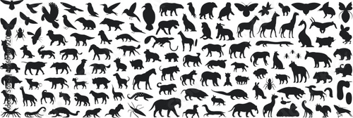 Mega collection of animal silhouettes featuring wildlife birds mammals and insects isolated on white background, comprehensive flat vector illustration set for diverse graphic design.