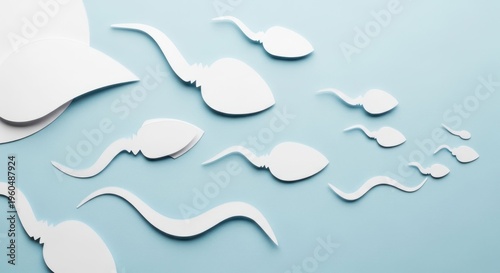 Paper cut sperm shapes swimming on a pastel blue background, symbolizing life