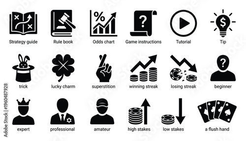 Collection of game related icons for strategy, rules, odds, instructions, tutorials, tips, luck, streaks, player levels, and betting stakes, perfect for gaming UI and informational graphics.