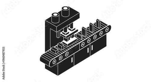 An isometric illustration depicts an industrial assembly line with machinery and a conveyor belt silhouette high quality professional