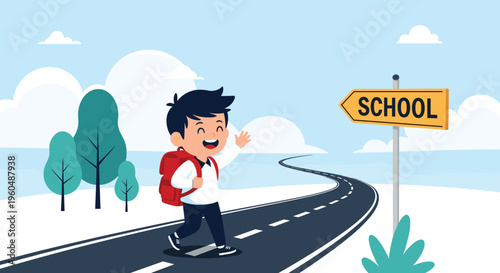Happy school boy with a red backpack walks along a winding road toward a yellow sign that points the way to school on a sunny day with clouds.