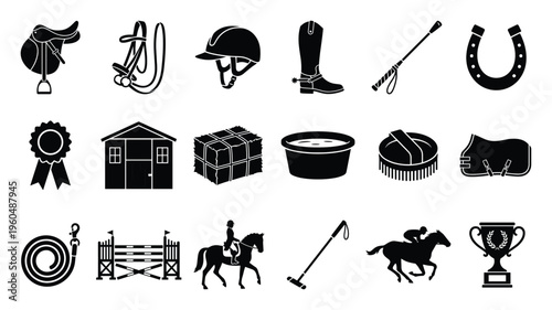 Comprehensive collection of equestrian sport equipment and horse care items in black silhouette icons, perfect for educational materials, website graphics, or veterinary content