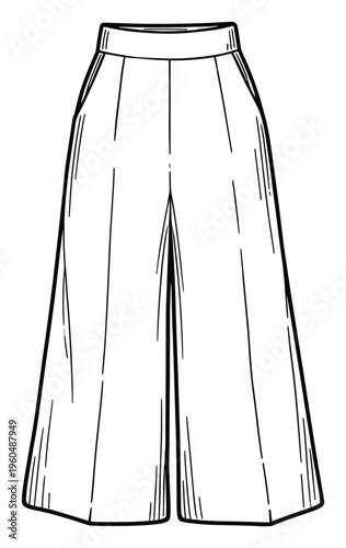 Outline drawing of wide leg culottes or flowy trousers providing a foundational blueprint for apparel manufacturing and wardrobe planning for various clothing projects