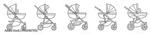 Collection of black and white outline baby strollers, prams, and buggies suitable for parenting blogs, infant care guides, nursery decor, childrens book illustrations, or product packaging