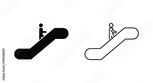 Escalator icon set filled and outline versions depicting a person riding