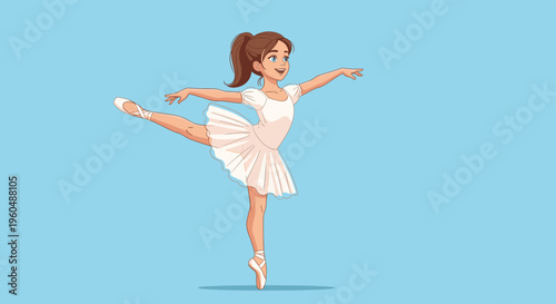 Graceful young girl with brown ponytail performs ballet dance move wearing white tutu and pointe shoes against solid light blue backdrop.