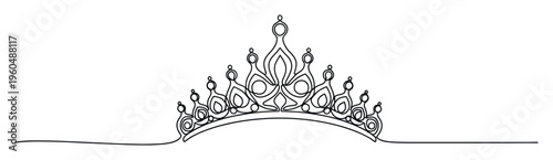 Elegant continuous line drawing of a majestic tiara perfect for wedding invitations, princess party decorations, royal event branding, or minimalist jewelry graphics.