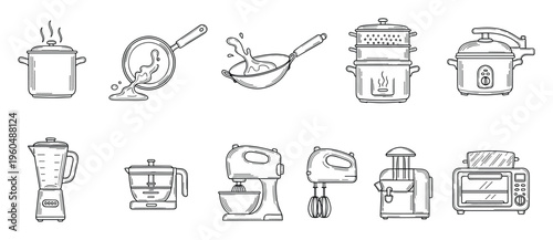 Collection of various kitchen cookware and modern electric appliances suitable for culinary blogs, recipe websites, and cooking guide presentations.