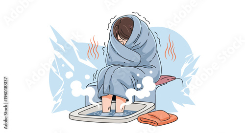 Person wrapped in thick blue blanket shivers from cold while soaking feet in hot steaming water basin to get warm.