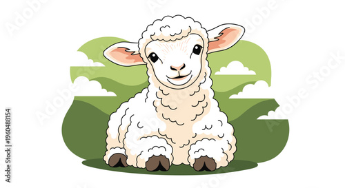 Adorable white fluffy lamb rests peacefully in green grassy field with soft rolling hills and white clouds in background.