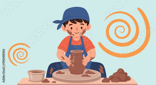 Young boy covered in clay focuses on shaping pottery vase on spinning wheel with piles of mud and orange swirls around him.