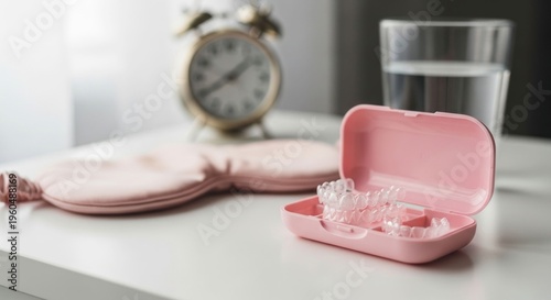 Pink case of clear aligners on table beside sleep mask, alarm clock, and water