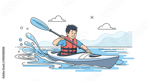 Happy man wearing life jacket paddles white kayak through blue water with splashing waves and mountain landscape in background.