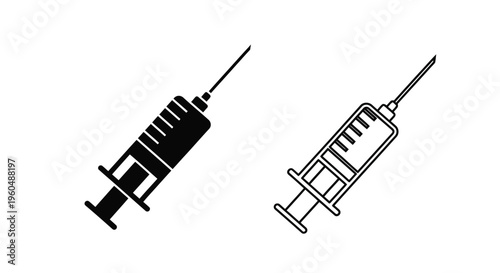 Two black and white illustrations of medical syringes angled for clarity