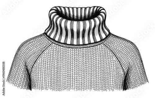 Hand drawn black and white vintage style turtleneck sweater showcasing intricate ribbed collar and knit fabric perfect for fashion apparel and textile design projects