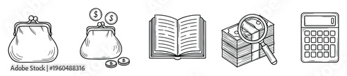 Hand drawn finance icons collection featuring a purse with coins, an open book, a stack of money with a magnifying glass, and a calculator, useful for business, budgeting, and financial