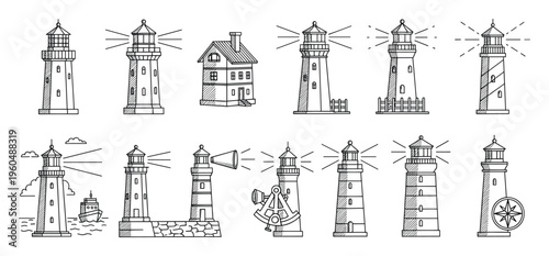 A comprehensive collection of diverse lighthouse outline drawings depicting various navigational structures with light beams and nautical elements for travel and maritime themed projects