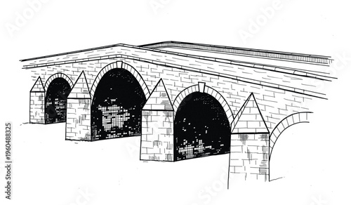 An ancient stone bridge with multiple arches and sturdy piers provides a historical architectural element for design projects, educational materials, or travel publications requiring