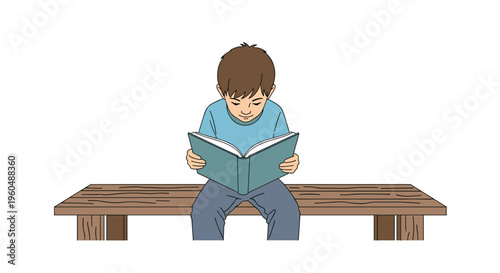 Young boy in blue shirt sits quietly on wooden bench and focuses on reading an open book on white background.