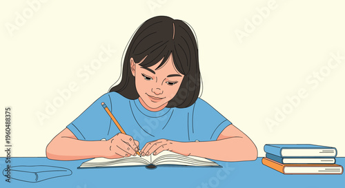 Focused young girl with long dark hair leans over table to write or draw in notebook with pencil near stack of books.