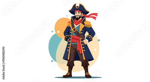 Proud pirate captain in elaborate blue coat and tricorne hat stands with hands on hips against colorful circular background.