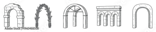 A comprehensive assortment of arch designs showcasing weathered stone, rustic branch, structured garden, multiple Roman style, and minimalist doorway for architectural concepts and