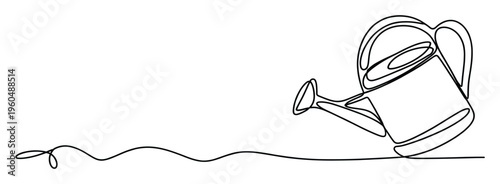 A minimalist continuous line drawing depicting a watering can used for gardening or plant care, suitable for spring themes, growth concepts, or agricultural purposes