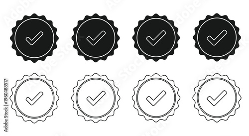 Four sets of black and white circular checkmark badges or seals